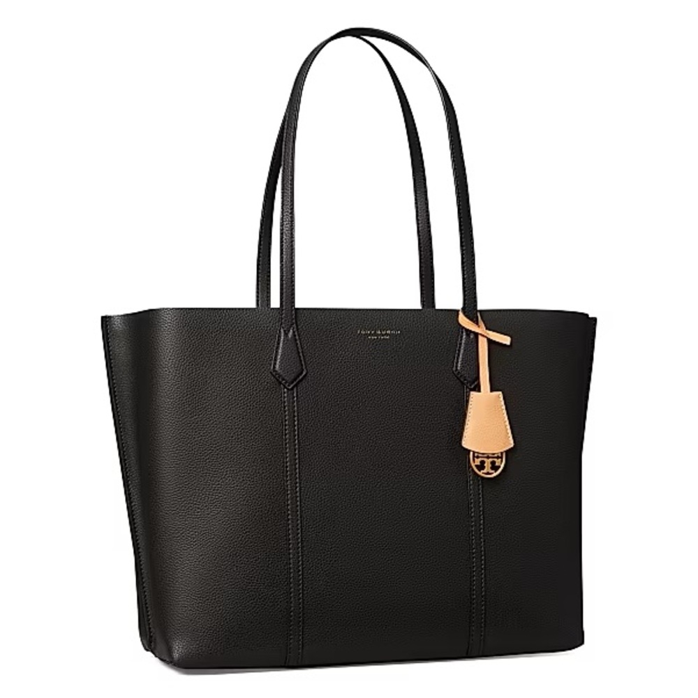 Tory Burch Black Perry Leather Tote with Tan Accent - Picture 2 of 7